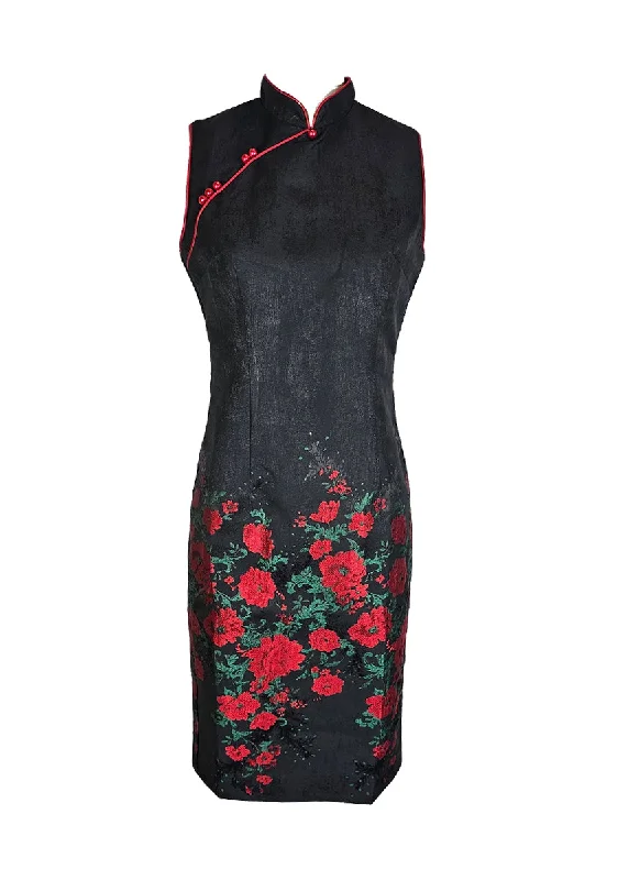 cinched ruched dress-1240052 Floral Embroidery Cheongsam *Black