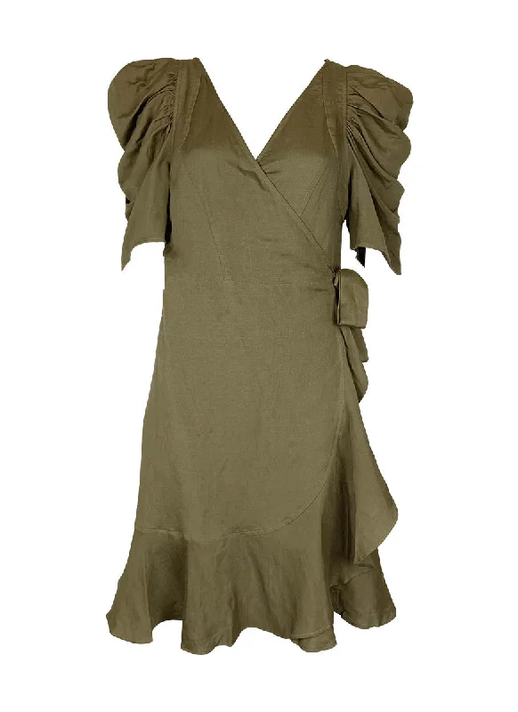 long tiered dress-7240006 Ruffles Wrap Linen Dress *Green