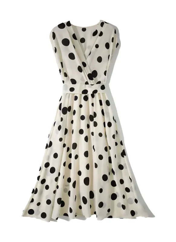 mock neck evening dress-8240032 Polka Dot V-Neck Shoulder Sleeve Dress