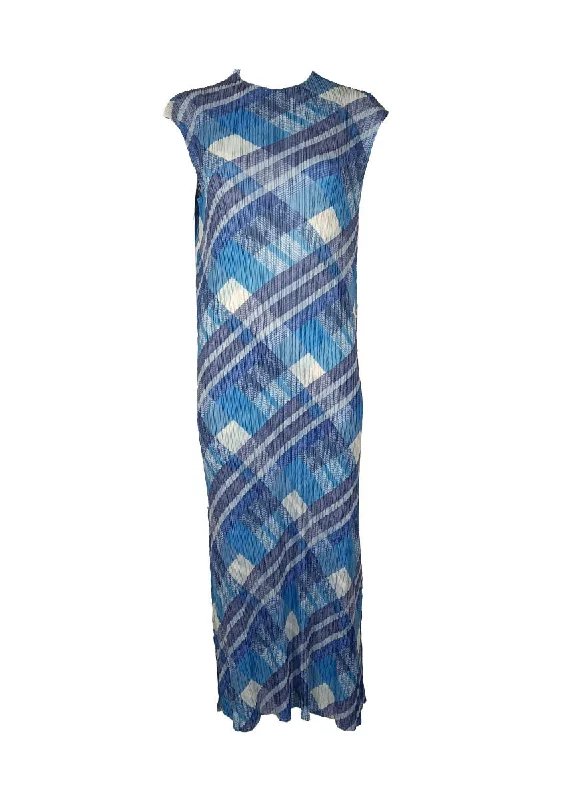 cobalt blue prom dress-8240056 Round Neck Sleeveless Plaid Dress *Last Piece