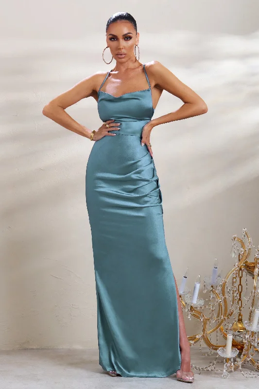 cut-out sundress-A-List | Blue Satin Cowl Maxi Dress With Thigh Split