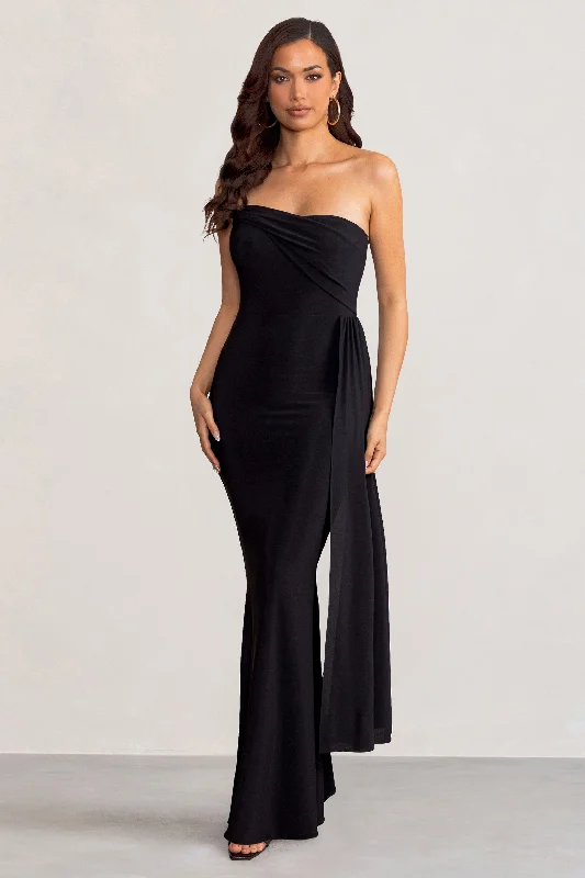 cut-out maxi dress-Aaliyah | Black Asymmetric Bardot Maxi Dress with Drape