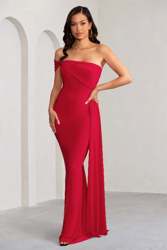 deep plunge sundress-Aaliyah | Red Asymmetric Bardot Maxi Dress with Drape