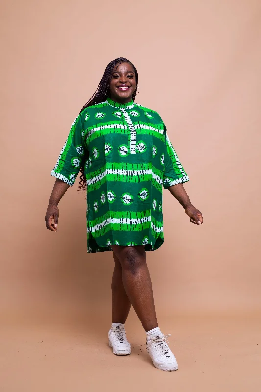 soft peach cocktail dress-Abiola Ankara Tunic Shirt Dress | Green African Print