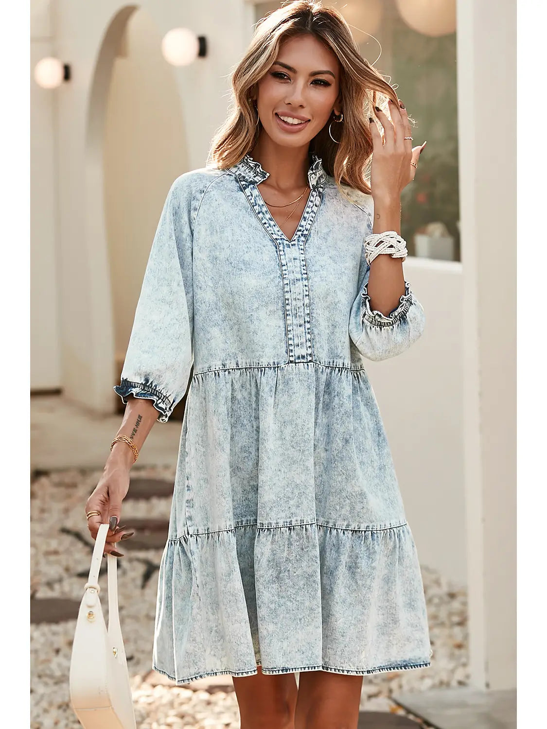 hand-stitched midi dress-Acid Wash Retro Half Sleeve Flared Denim Dress