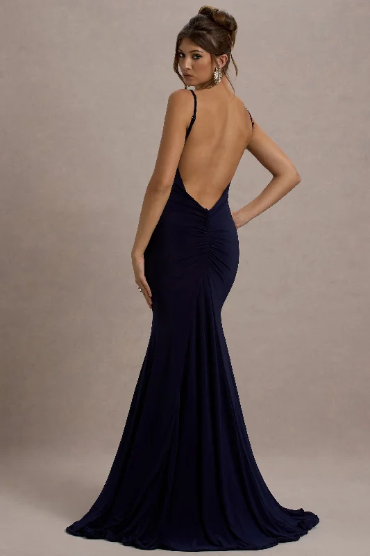 indigo prom dress-Adele | Navy Backless Ruched Fishtail Cami Maxi Dress