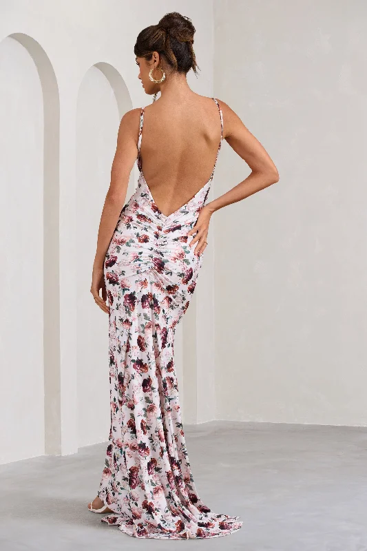 gypsy prom dress-Adele | White Floral Print Backless Ruched Fishtail Cami Maxi Dress