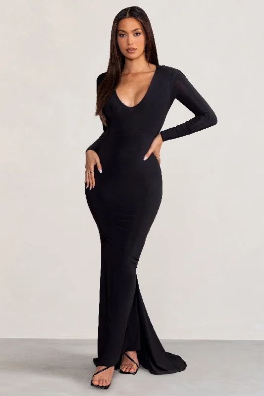 dramatic prom dress-Adore | Black Long Sleeve Plunge Maxi Dress with Hood