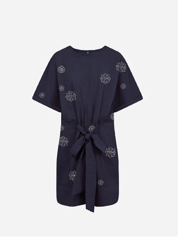 retro mini dress-Akina Women's Embroidered Organic Cotton Dress | Navy