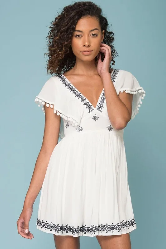 hand-stitched sundress-Alexis Pom Pom Dress White