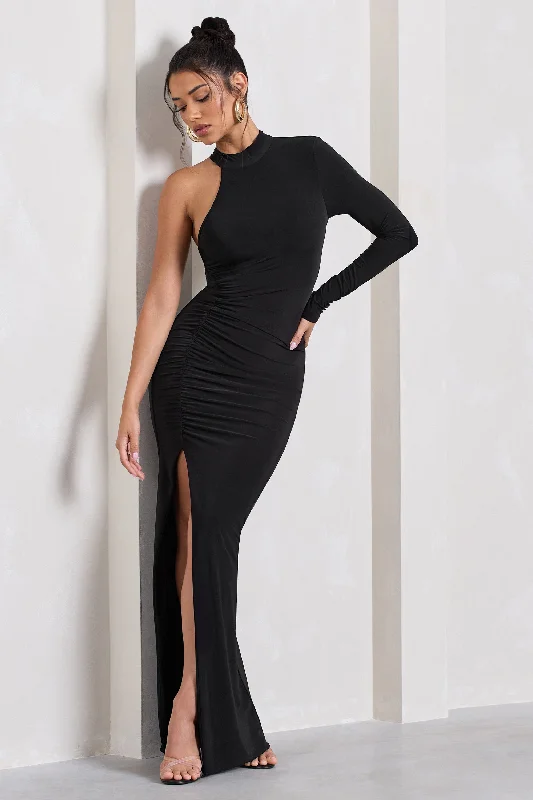 festive sequin dress-Alina | Black Ruched High-Neck Asymmetric Split Maxi Dress