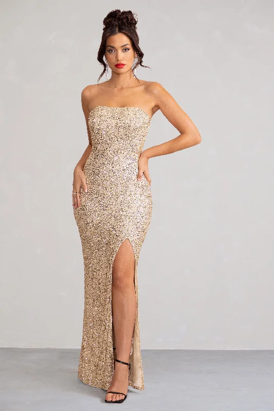 jet black prom dress-Almira | Champagne Sequin Bandeau Maxi Dress With Split Hem