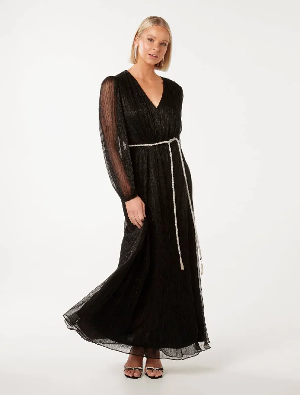 gathered waist dress-Amina Diamante Belt Plisse Maxi Dress