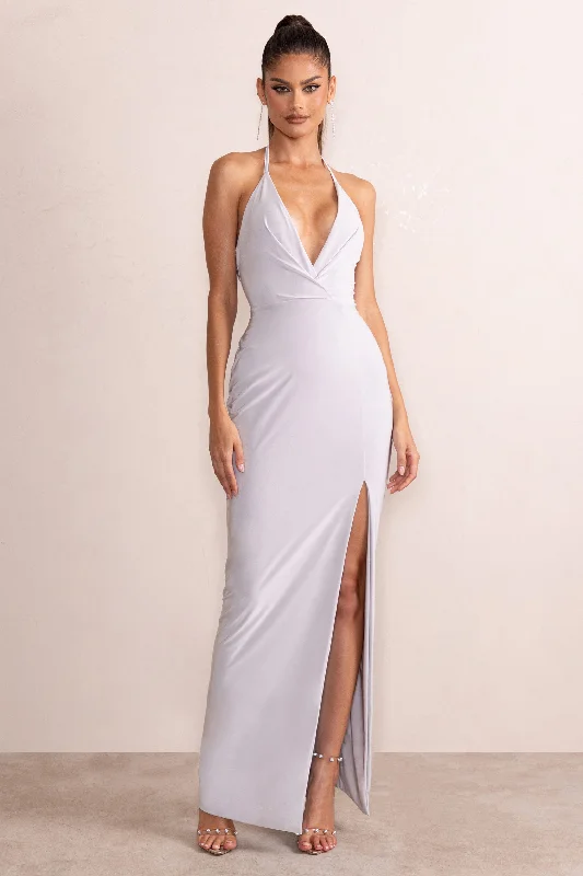 deep plunge maxi dress-Amira | Silver Plunge Neck Cowl Back Maxi Dress With Diamante Trim