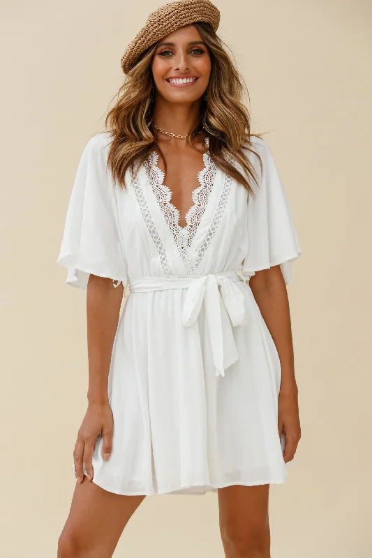 botanical cocktail dress-Angela Lace-Trimmed Bust Angel Sleeve Dress White