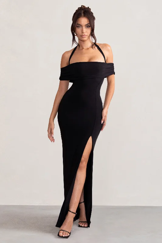 cocoa brown cocktail dress-Anisa | Black Halter Neck Bardot Maxi Dress With Thigh Split