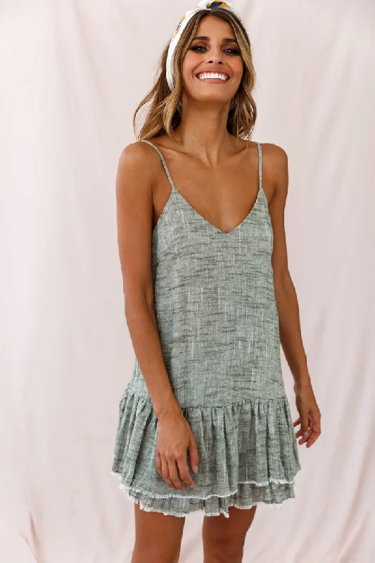 short ruffled dress-Arabelle Cami Strap Raw Hem Dress Olive