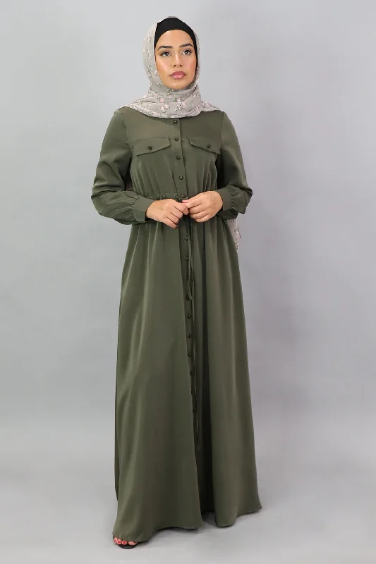 retro prom dress-Army Green Deluxe Soft Button Down Dress