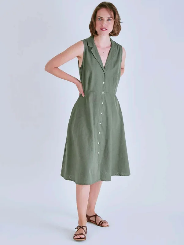 hand-stitched sundress-Aubrey Cotton & Linen Sleeveless Linen Shirt Dress | Olive