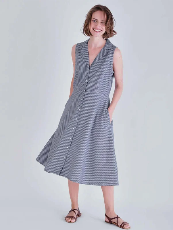 chiffon cocktail dress-Aubrey Cotton & Linen Vintage Shirt Dress | Blue Stripe