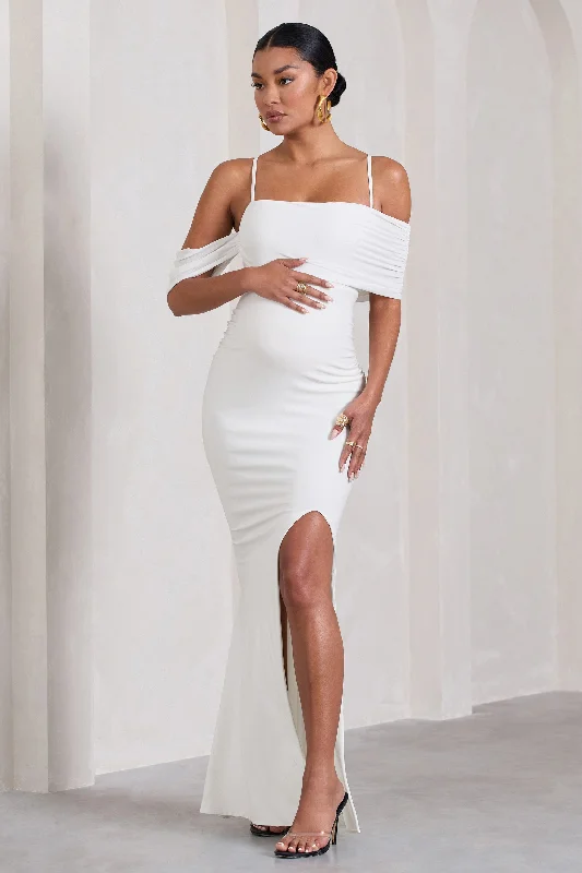 fitted evening dress-Augusta | White Mesh Bardot Strappy Split Maternity Maxi Dress