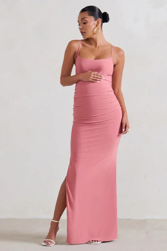 sage green sundress-Aurelia | Pink Maternity Cami Maxi Dress With Split