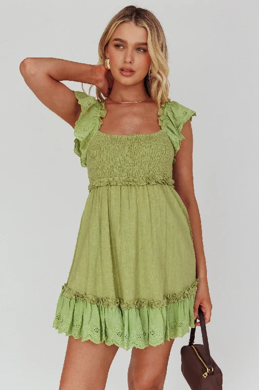 structured party dress-Bay Breeze Frill Shoulder Shirred Bodice Dress Olive