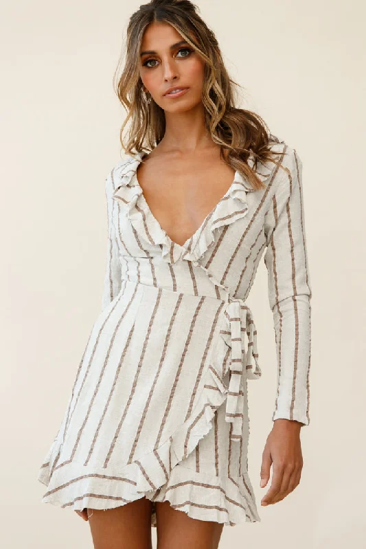 golden champagne cocktail dress-Beatrice Faux Wrap Ruffle Trim Raw Edge Dress Natural/Tan Stripe