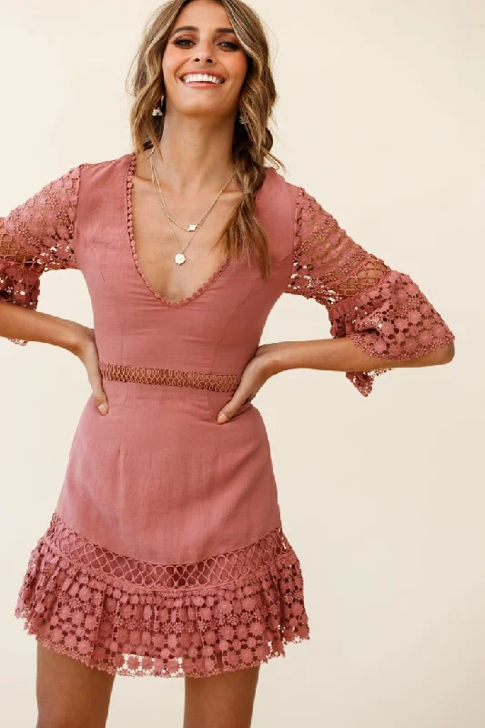 fringed cocktail dress-Believe It Crochet Detail Fluted Hem Dress Rose