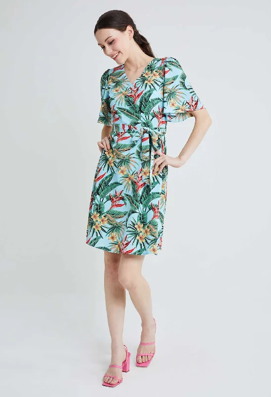 aqua cocktail dress-Bell Sleeve Tropical Vacay Wrap Sun Dress