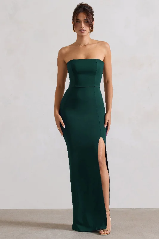 chevron sundress-Belle of The Ball | Bottle Green Bandeau Maxi Dress With Split Hem