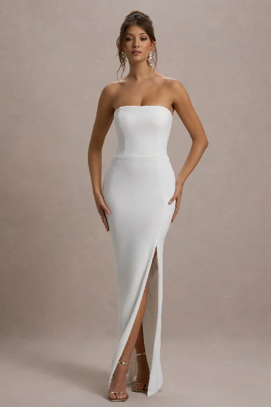 platinum silver dress-Belle of The Ball | White Bandeau Maxi Dress With Split Hem