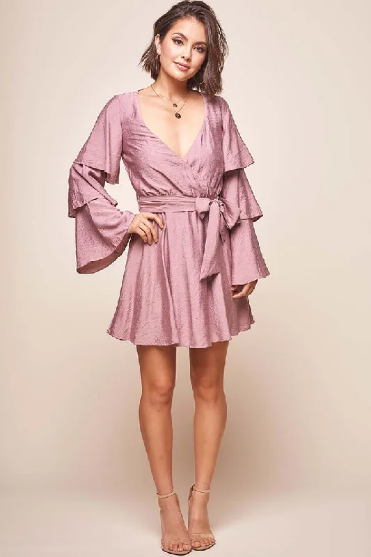 breezy cocktail dress-Bellini Tiered Ruffle Sleeve Dress Mauve