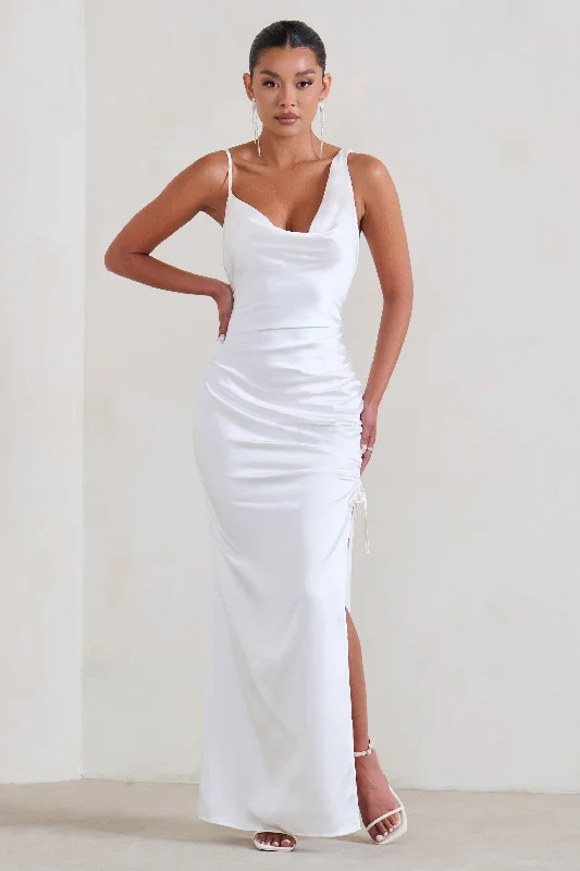 mock neck maxi dress-Belonging | White Ruched Cowl Maxi Dress