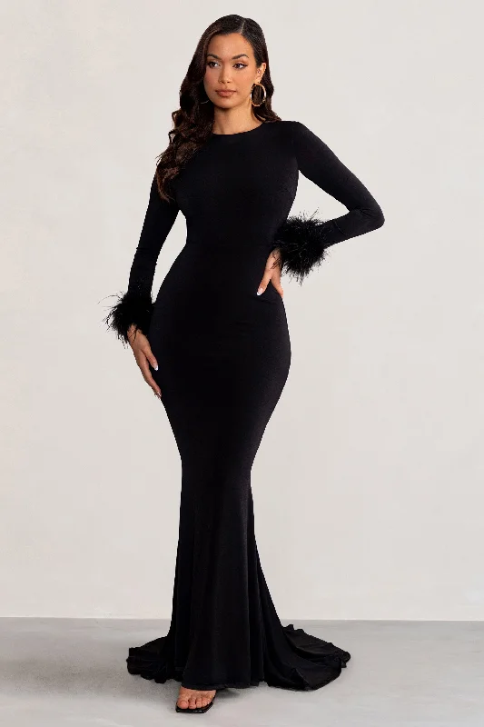 fitted prom dress-Betty | Black High Neck Long Sleeve Maxi Dress with Feather Cuffs