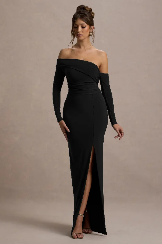 chiffon prom dress-Stand Out | Black Bardot Long Sleeve Ruched Maxi With Side Split