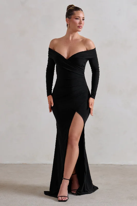 voluminous tulle dress-One Moment | Black Bardot Wrap Ruched Split Maxi Dress