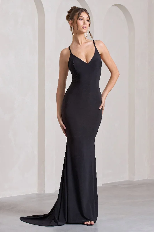 deep plunge prom dress-Lucky Number | Black Cross Back Maxi Dress