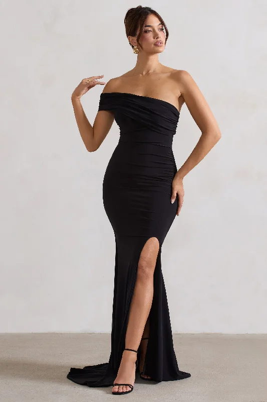 fitted sequin dress-Forever & Always | Black One Shoulder Fishtail Maxi Dress