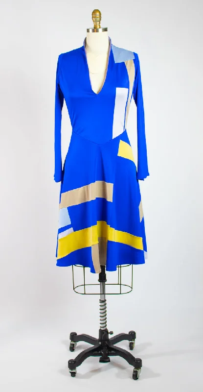 flared sundress-Small Blue Patchwork Silk Jersey Dress