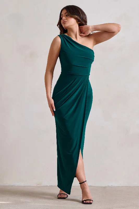 relaxed shift dress-Athena | Bottle Green One Shoulder Maxi Dress