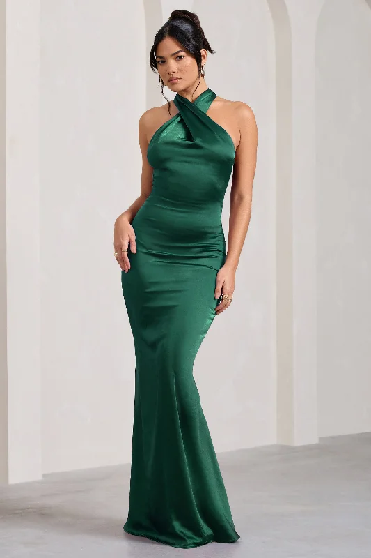 cut-out prom dress-Unstoppable | Bottle Green Satin Cross Over Halterneck Maxi Dress