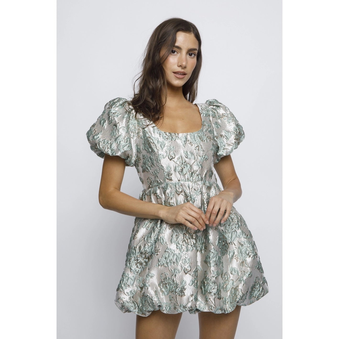 scalloped prom dress-Brocade and Textured Mini Dress