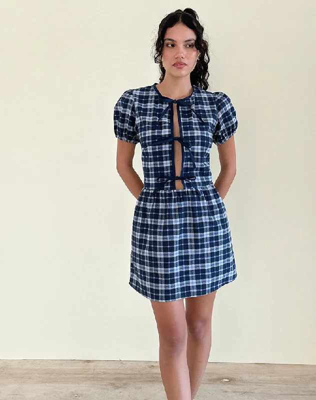 fishtail sundress-Byan Tie Front Dress in Tartan Dark Blue