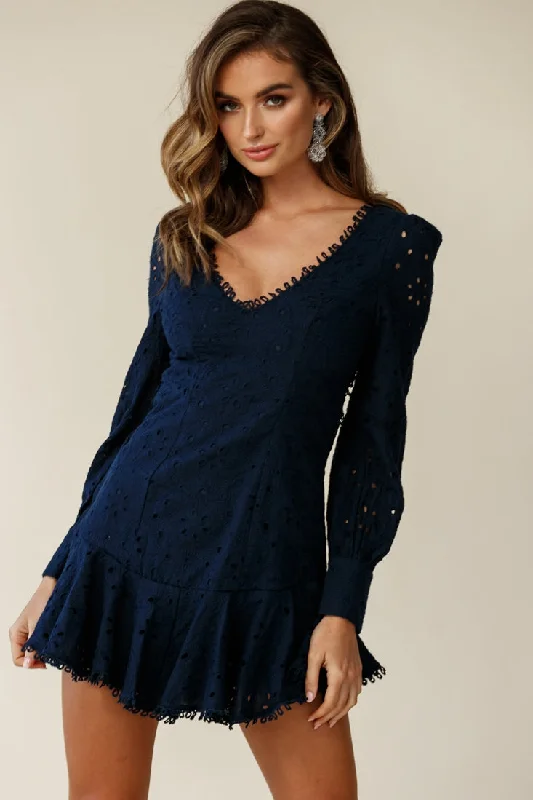 dramatic cocktail dress-Camellia Open Back Cuff Sleeve Dress Anglaise Navy