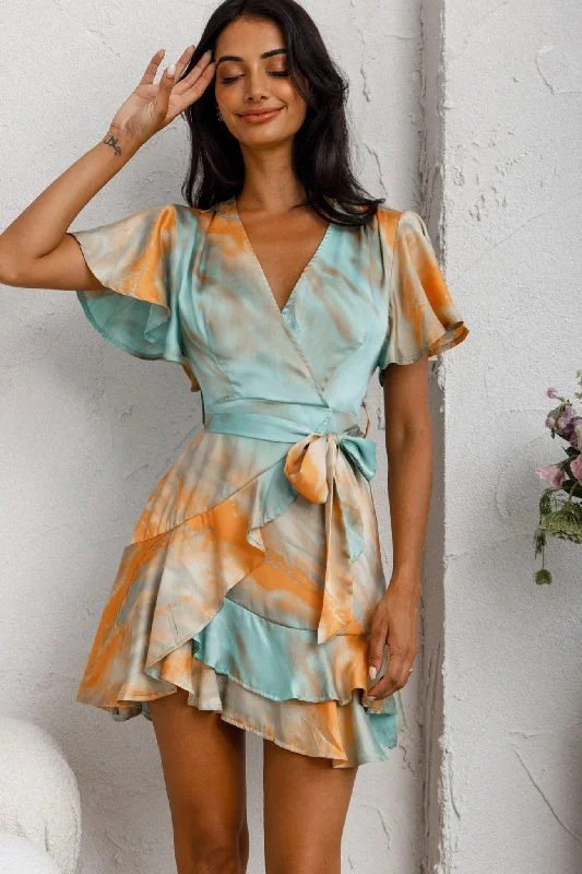 fitted evening dress-Cami Angel Sleeve Faux Wrap Dress Tie-Dye Print Aqua/Orange