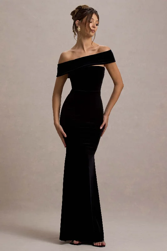 festive satin dress-Candela | Black Velvet Asymmetric Bardot Maxi Dress