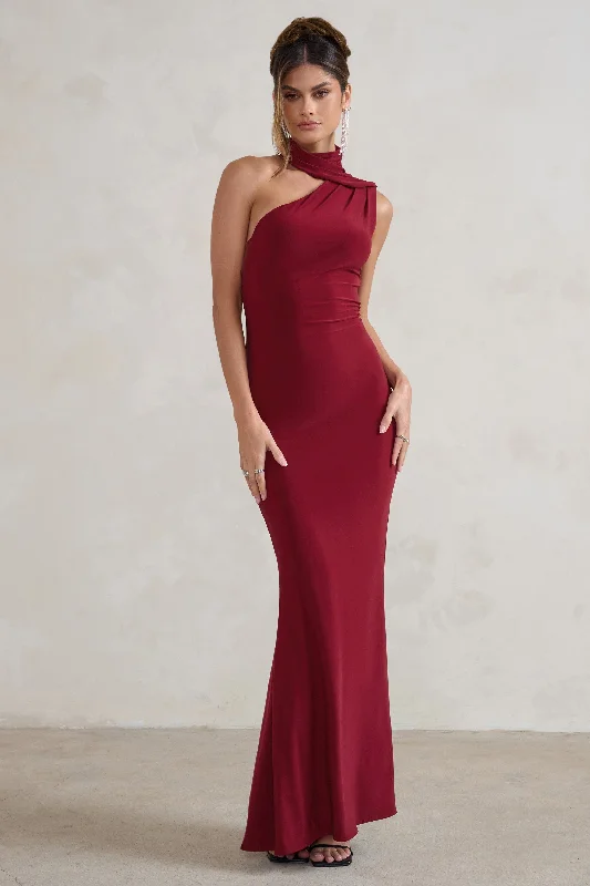 oatmeal prom dress-Capucine | Berry Red One Shoulder Draped Maxi Dress