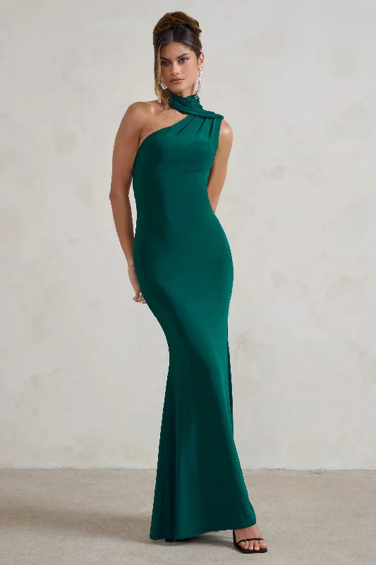 wine red cocktail dress-Capucine | Bottle Green One Shoulder Draped Maxi Dress