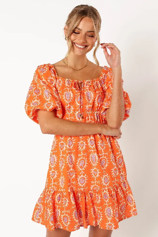 cobalt blue dress-Carmen Off Shoulder Mini Dress - Orange Print